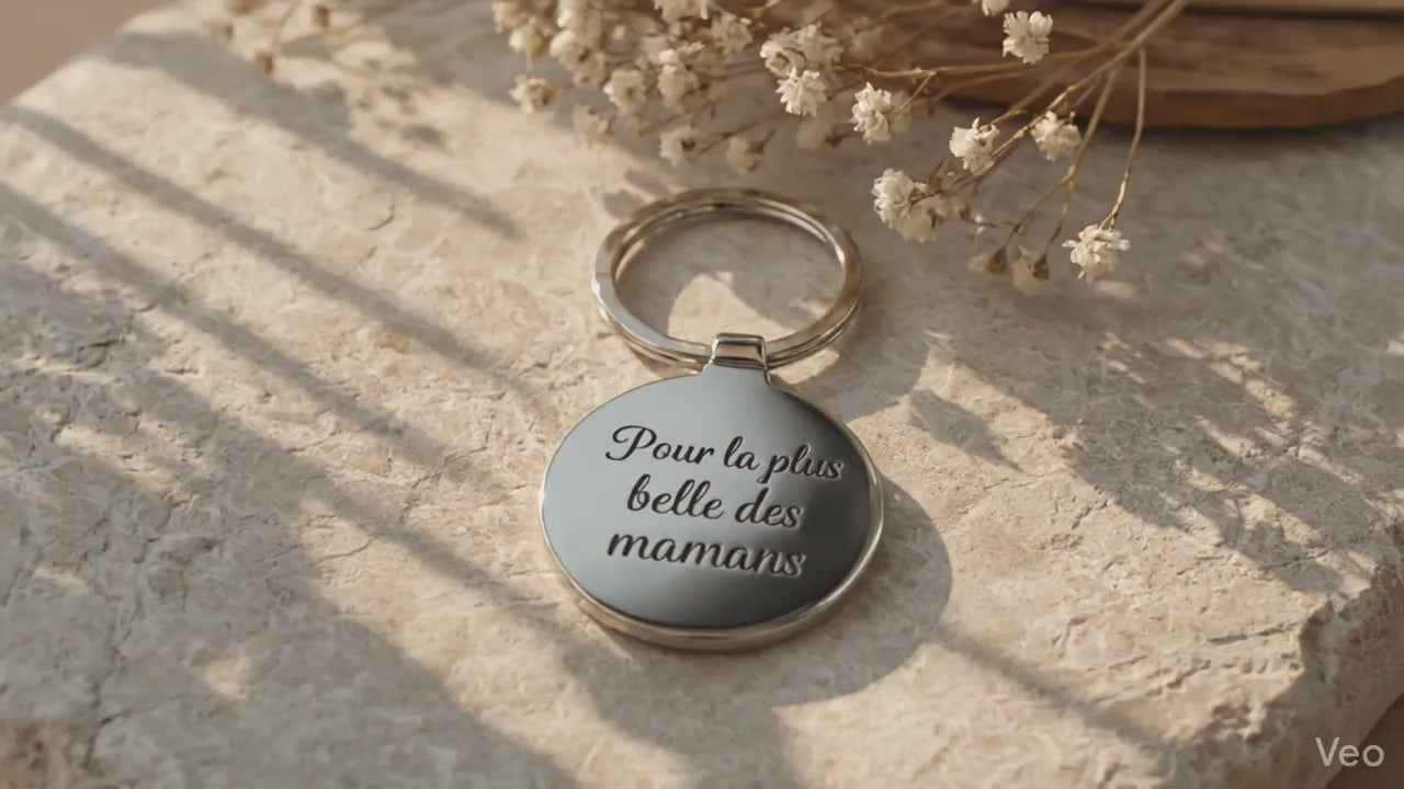 video 360 porte cles maman rond metal argente sublimation et gravure personnalisee