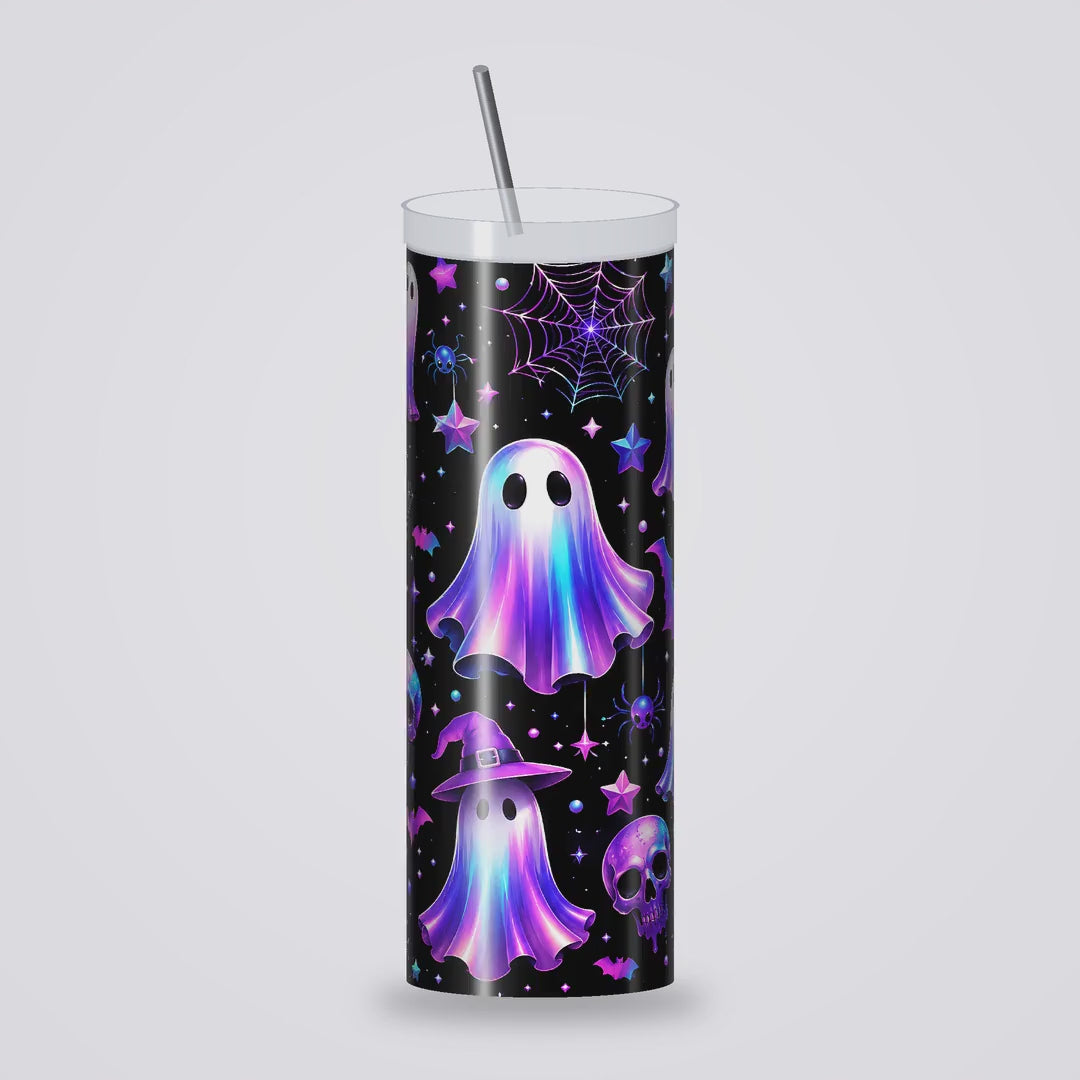 Vidéo 360° du tumbler Halloween fantômes néon violet, crânes et citrouilles, gobelet isotherme inox 20 oz avec paille
