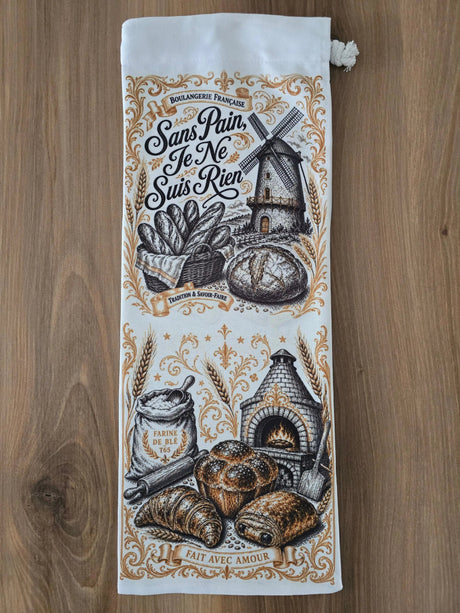 Sac à pain en tissu sublimé design vintage Sans Pain Je Ne Suis Rien noir et or, avec baguettes