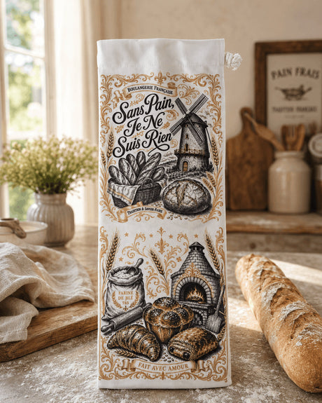 Sac à baguettes en tissu sublimé posé sur un plan de travail rustique avec farine et baguette fraîche