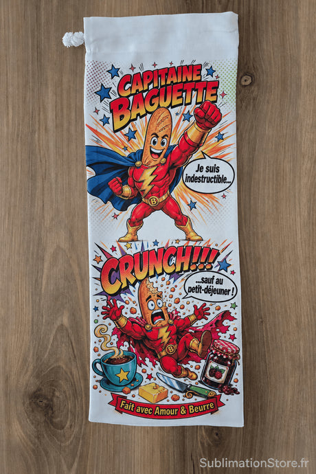 Vue complète recto du sac à baguettes Capitaine Baguette – design BD comic superhero baguette indestructible CRUNCH fait avec amour et beurre