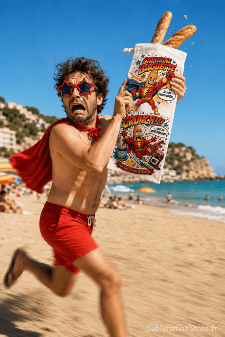 Homme en cape rouge courant sur la plage en brandissant le sac à baguettes Capitaine Baguette avec baguettes qui s'envolent