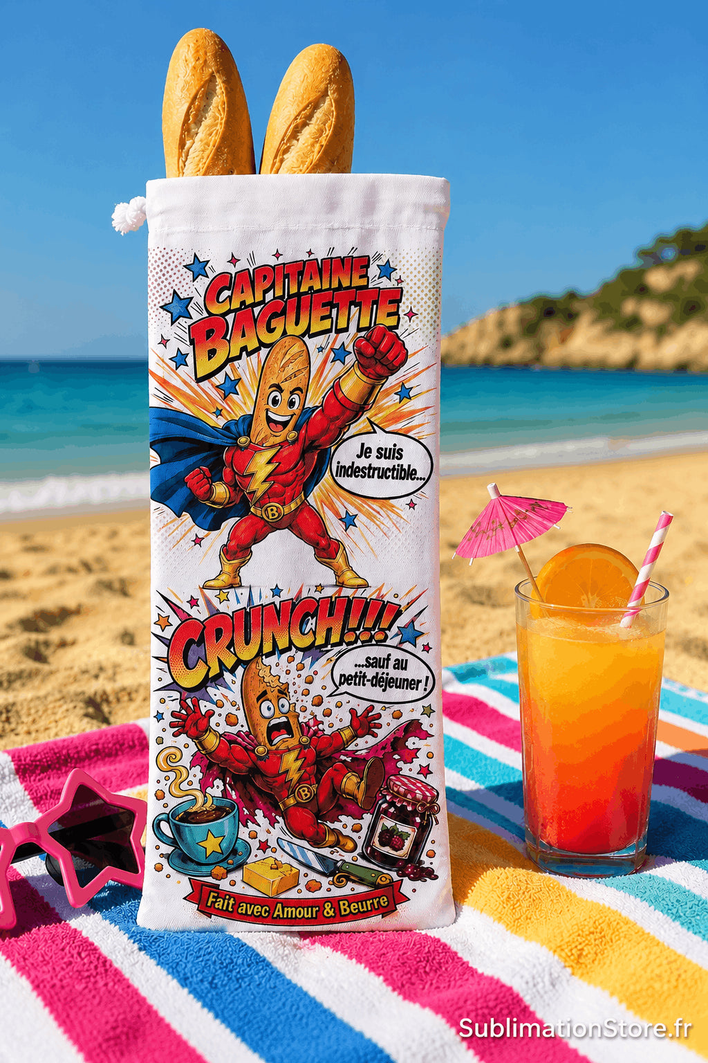 Sac à baguettes Capitaine Baguette debout sur serviette rayée avec cocktail tropical et mer turquoise en arrière-plan