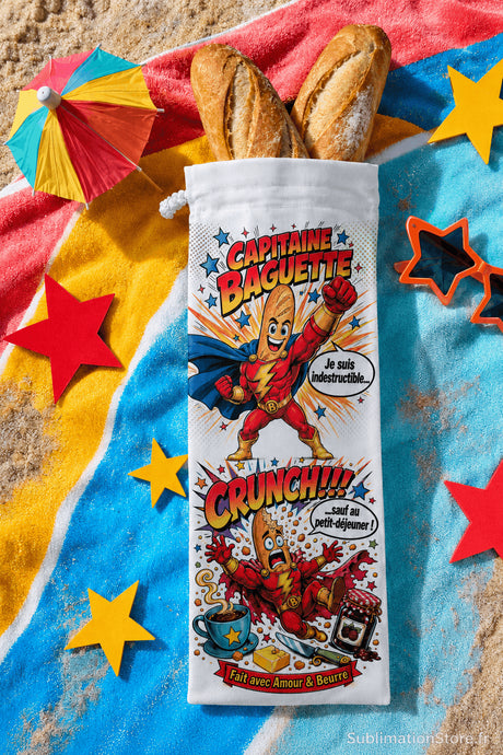 Sac à baguettes Capitaine Baguette posé sur serviette de plage colorée entouré d'étoiles et d'un parasol cocktail