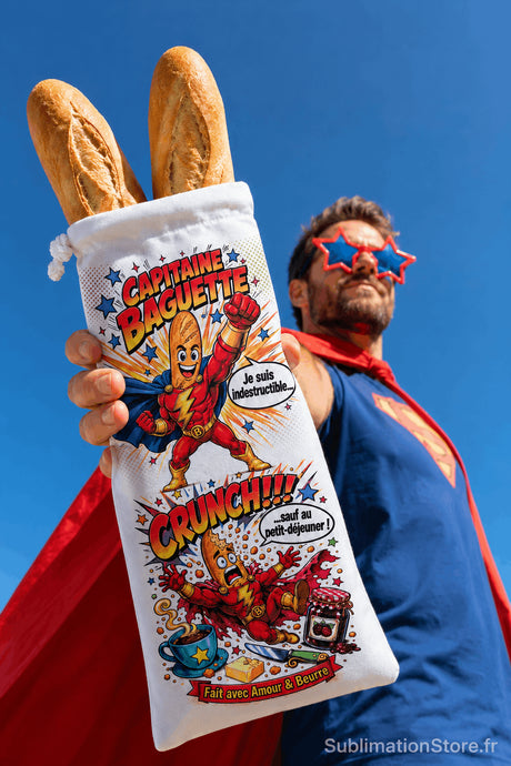 Sac à baguettes Capitaine Baguette tenu par un homme déguisé en super-héros cape rouge devant ciel bleu avec deux baguettes fraîches