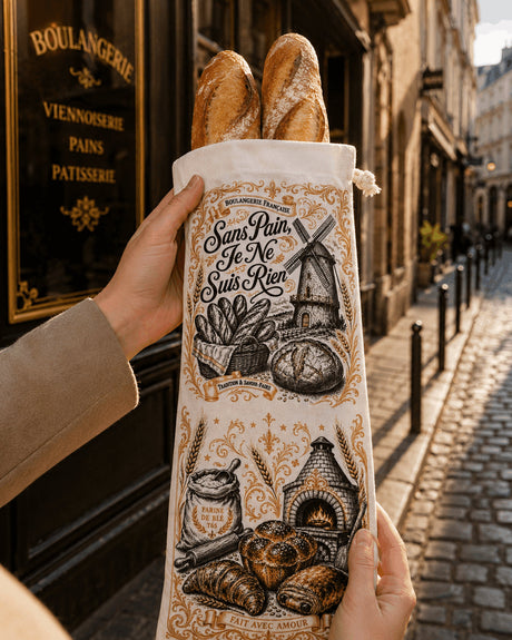 Sac à pain personnalisé tenu à la main devant une boulangerie française avec baguettes qui dépassent