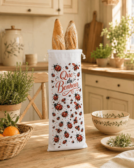 Sac à pain Que du Bonheur coccinelles sur table bois style Provence