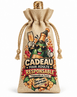 Sac à bouteille beige avec deux cordons en chanvre à franges, design humour Cadeau pour adulte responsable