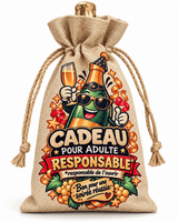 Sac cadeau pour bouteille en tissu imitation chanvre, vue de face, avec le message Cadeau pour adulte responsable