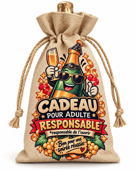 Sac cadeau pour bouteille en tissu imitation chanvre, vue de face, avec le message Cadeau pour adulte responsable