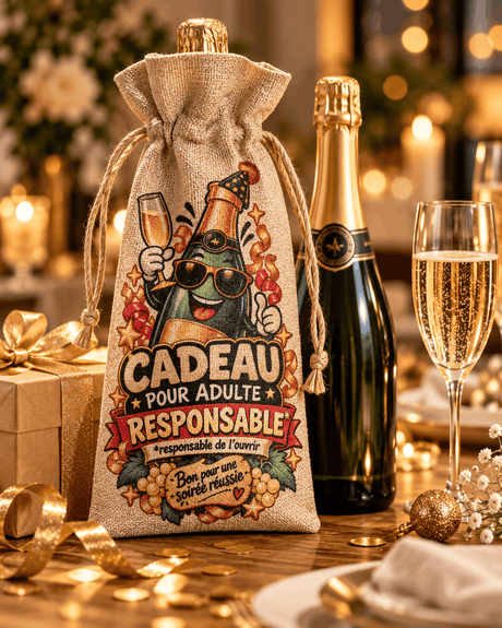 Sac cadeau Cadeau pour adulte responsable posé près d’une bouteille de champagne, d’un verre et d’un cadeau doré