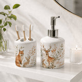 Set salle de bain personnalisé décor animaux fond blanc épuré – distributeur cerf et porte-brosse renard, bougie