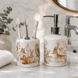 Set salle de bain personnalisé décor animaux – distributeur savon et porte-brosse renard cerf, prénoms famille