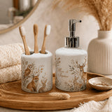 Set salle de bain personnalisé décor animaux sur plateau bois – distributeur cerf et porte-brosse hibou renard