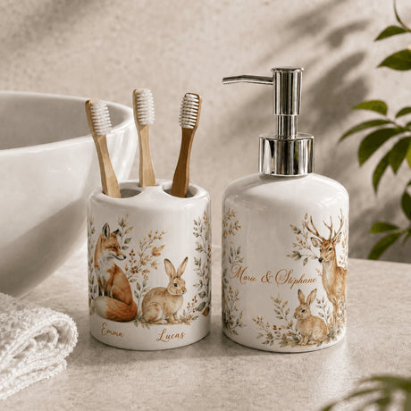 Set salle de bain personnalisé décor animaux sur plateau pierre – distributeur et porte-brosse avec prénoms famille