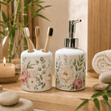 Set salle de bain personnalisé décor floral ambiance bambou – distributeur savon et porte-brosse pivoines, bougie galets
