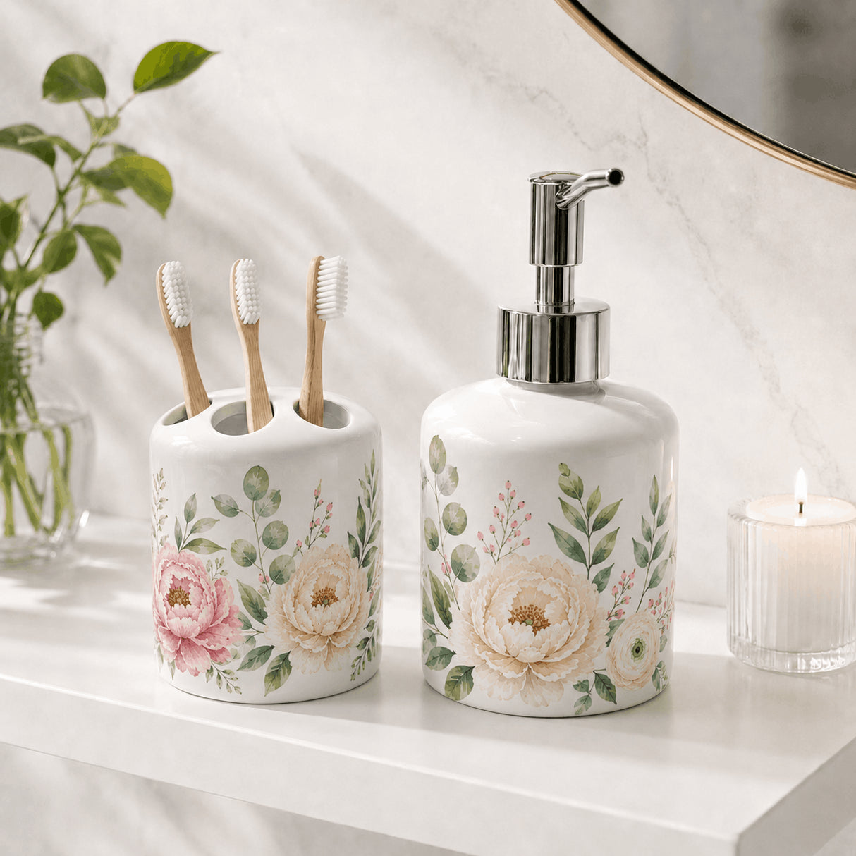 Set salle de bain personnalisé décor floral – distributeur savon et porte-brosse avec bougie, ambiance épurée