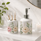 Set salle de bain personnalisé décor floral – distributeur savon et porte-brosse avec bougie, ambiance épurée