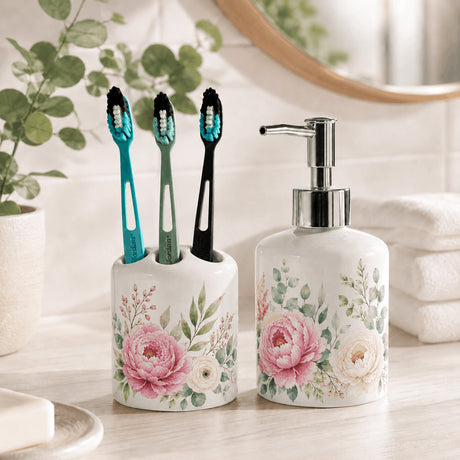 Set salle de bain personnalisé floral – porte-brosse 3 emplacements et distributeur savon décor pivoines