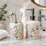 Set salle de bain personnalisé floral fond marbre clair – distributeur savon et porte-brosse décor pivoines crème