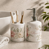 Set salle de bain personnalisé floral avec prénoms famille – distributeur Marie & Stéphane et porte-brosse Emma Lucas Léa