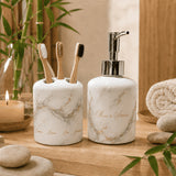 Set salle de bain personnalisé décor marbre et or – distributeur savon et porte-brosse avec prénoms famille