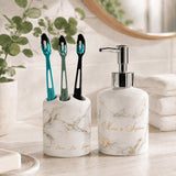 Set salle de bain personnalisé décor marbre et or fond clair – distributeur Marie Stéphane et porte-brosse prénoms famille