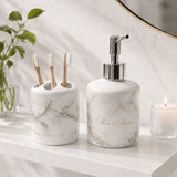 Set salle de bain personnalisé décor marbre et or – distributeur savon et porte-brosse, miroir doré et bougie