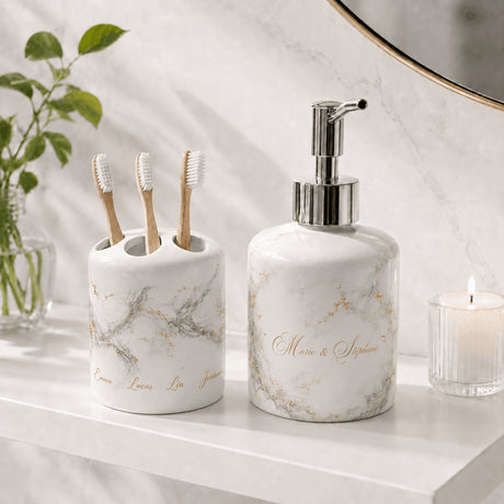 Set salle de bain personnalisé décor marbre et or – distributeur savon et porte-brosse, miroir doré et bougie