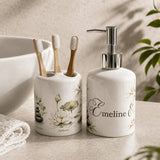 Set salle de bain personnalisé décor zen – porte-brosse 3 emplacements et distributeur savon, bord de lavabo