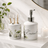 Set salle de bain personnalisé zen fond marbre blanc – distributeur savon et porte-brosse avec prénoms, bougie et miroir