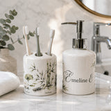 Set salle de bain personnalisé zen fond marbre – distributeur savon et porte-brosse décor bambou lotus, lumière naturelle