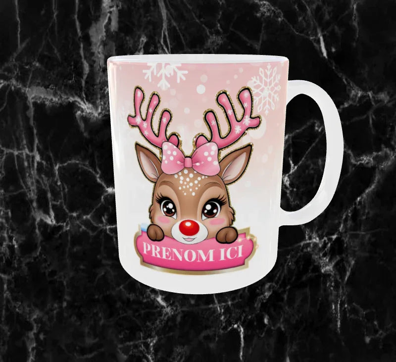 Mug Personnalisé Noël – Adorable Petit Renne Rose 🦌✨