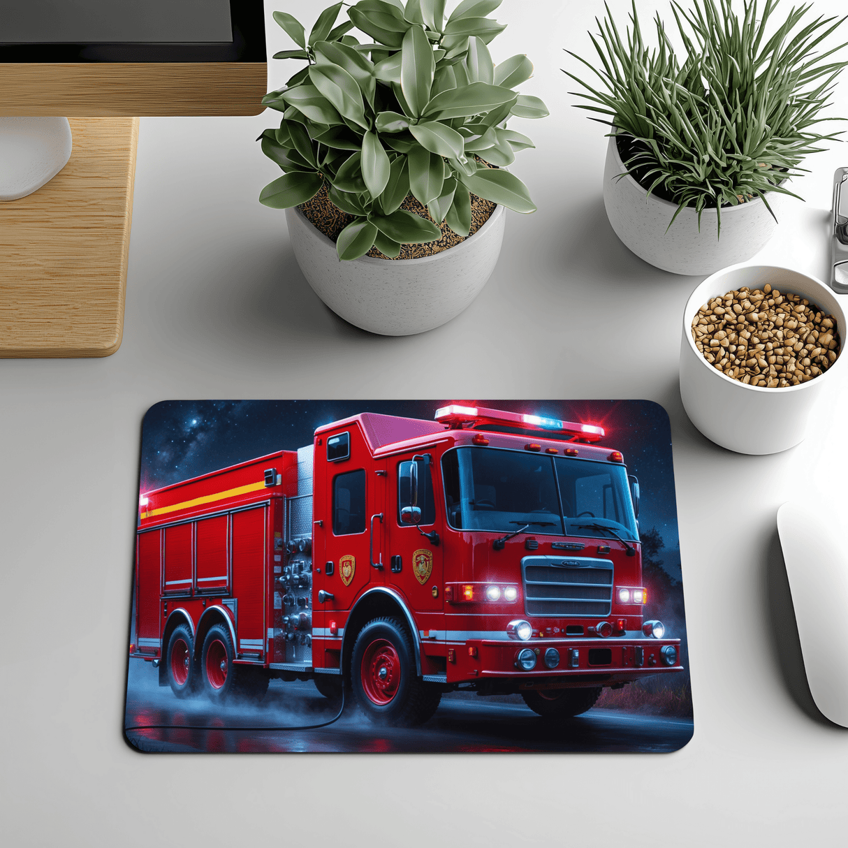 Tapis de Souris Camion de Pompier – Gyrophares & Nuit Étoilée | 19,5×23,5