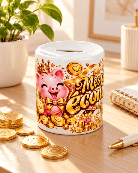 Tirelire en céramique Mes petites économies avec cochon couronné doré posée sur un bureau près d'une plante et de pièces