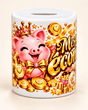 Tirelire céramique face avant avec cochon rose à couronne dorée, nœud doré et pièces d'or sur fond crème