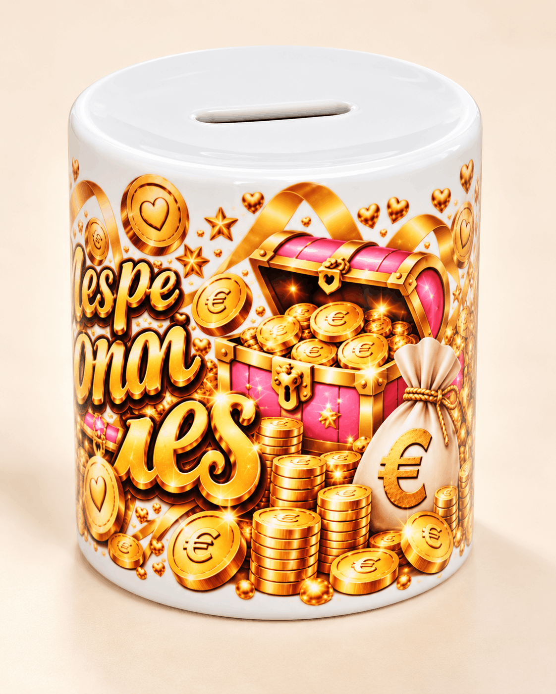 Tirelire en céramique côté verso avec coffre au trésor rose, sac d'euros et piles de pièces d'or imprimés