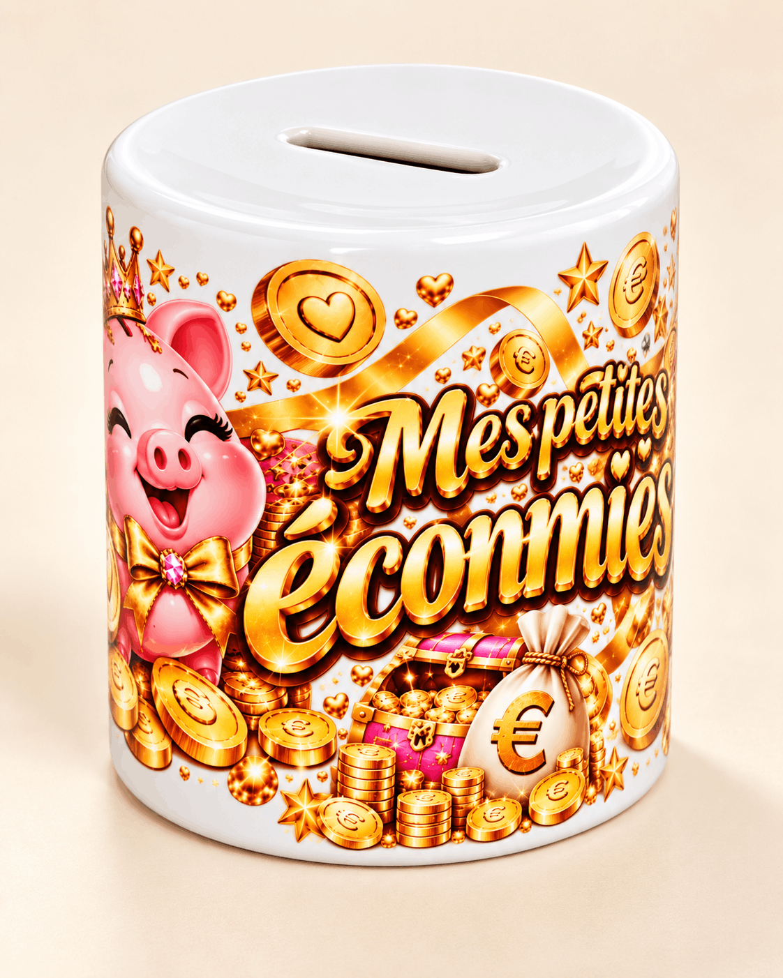 Tirelire en céramique blanche vue de trois quarts avec cochon couronné et texte Mes petites économies en lettres dorées