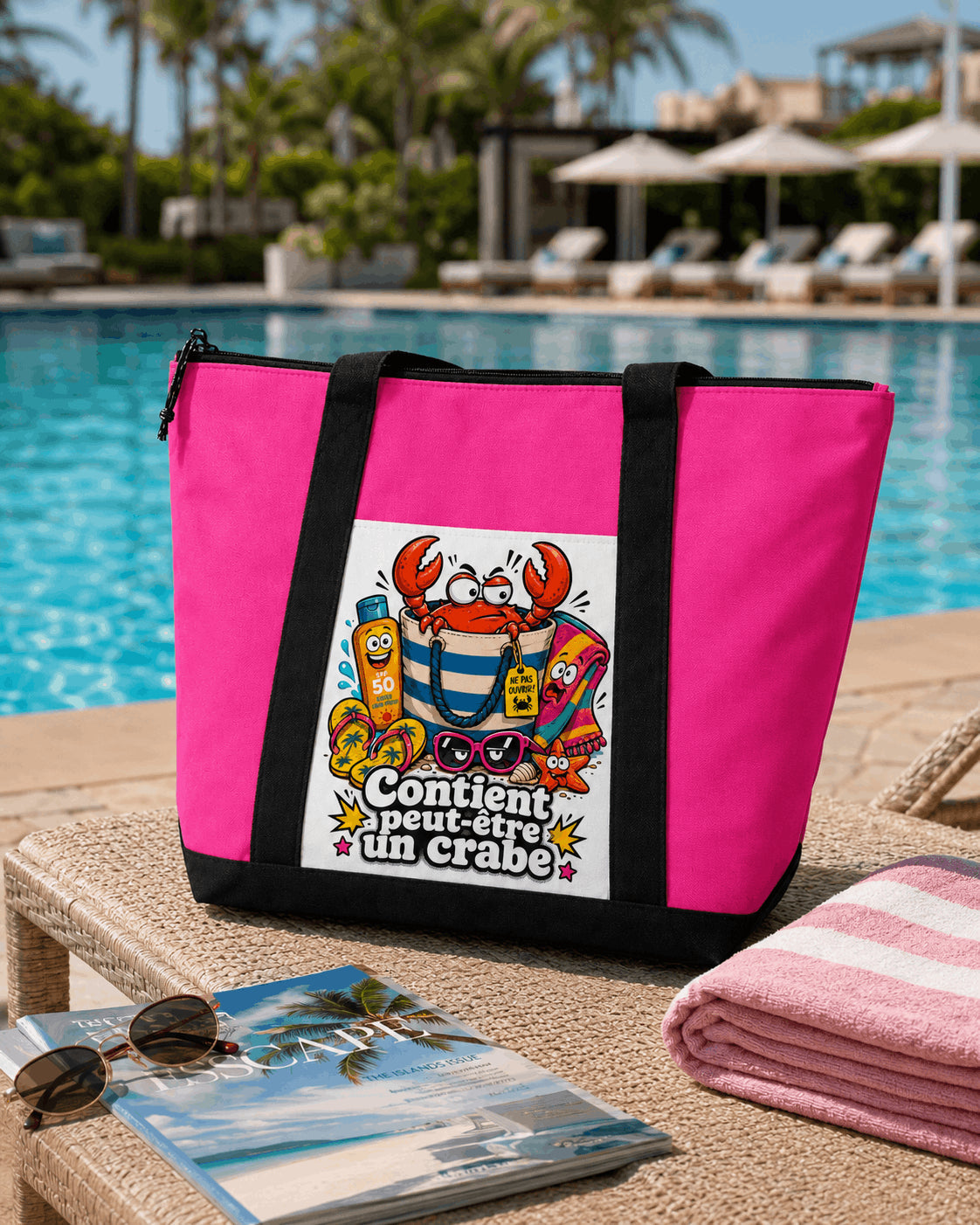Tote bag Contient peut-être un crabe rose posé au bord d'une piscine sur chaise longue
