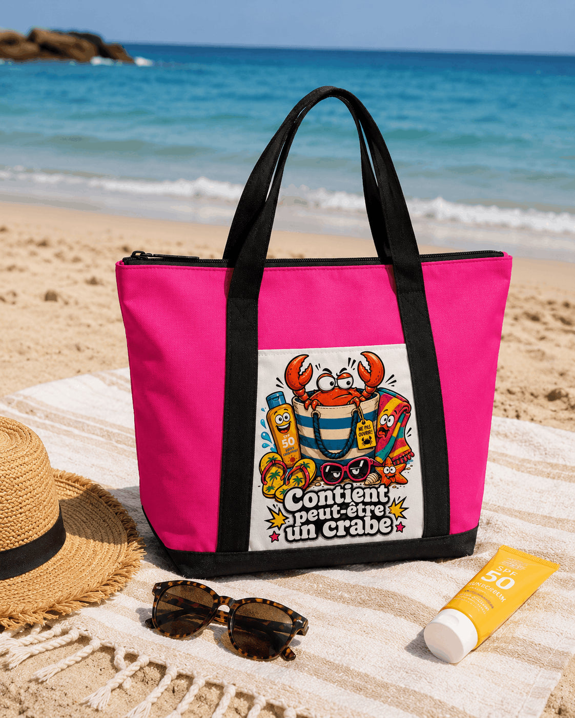 Tote bag Contient peut-être un crabe rose sur serviette de plage avec chapeau et crème solaire