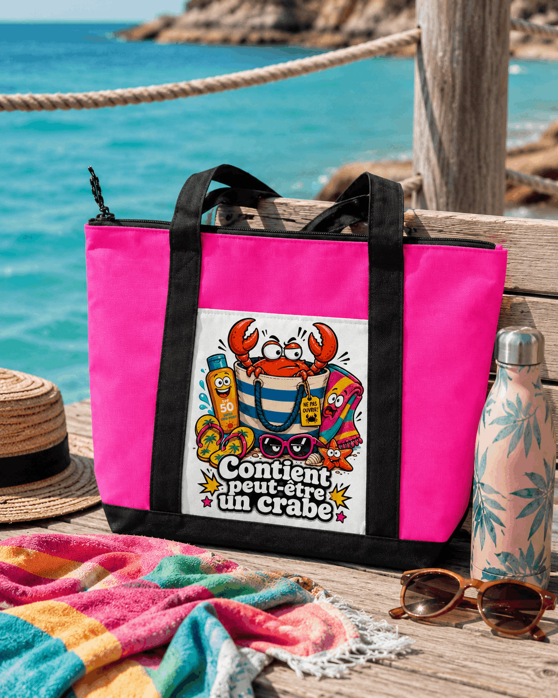 Tote bag Contient peut-être un crabe rose posé sur ponton en bois face à la mer