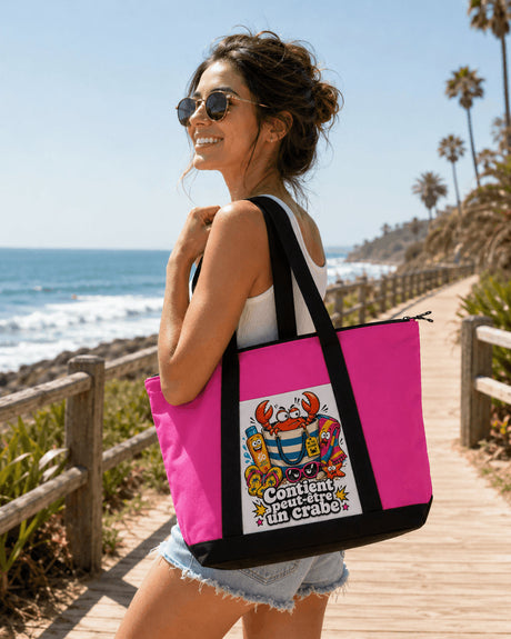 Femme portant le tote bag Contient peut-être un crabe rose sur l'épaule en bord de mer
