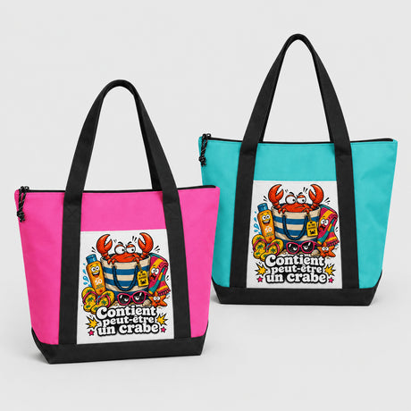 Tote bag Contient peut-être un crabe – coloris rose vif et vert aqua côte à côte