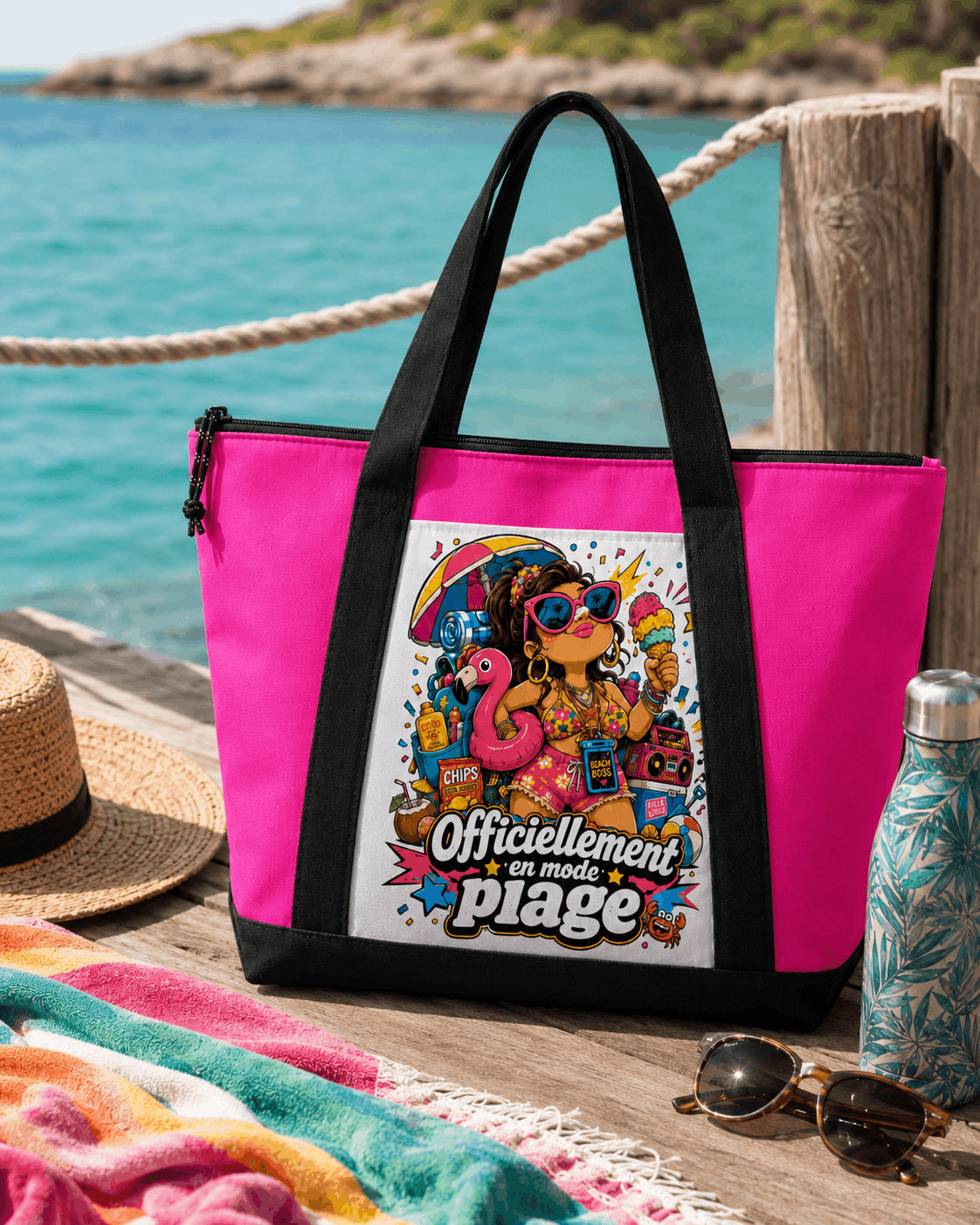 Tote bag sac de plage "Officiellement en mode plage" – beach boss, rose ou vert aqua Sublimation Store