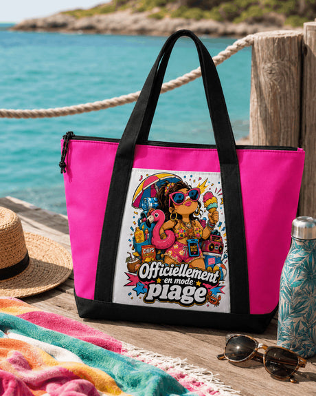 Tote bag sac de plage "Officiellement en mode plage" – beach boss, rose ou vert aqua Sublimation Store