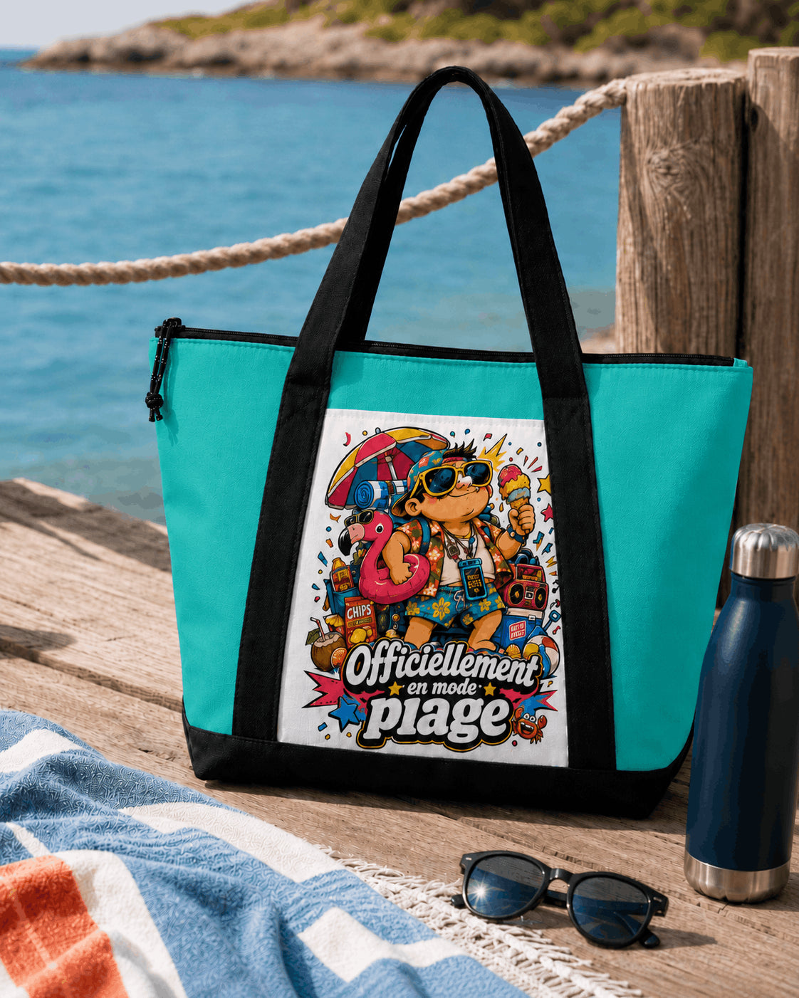Tote bag sac de plage vert aqua design beach boss posé sur ponton en bois vue mer