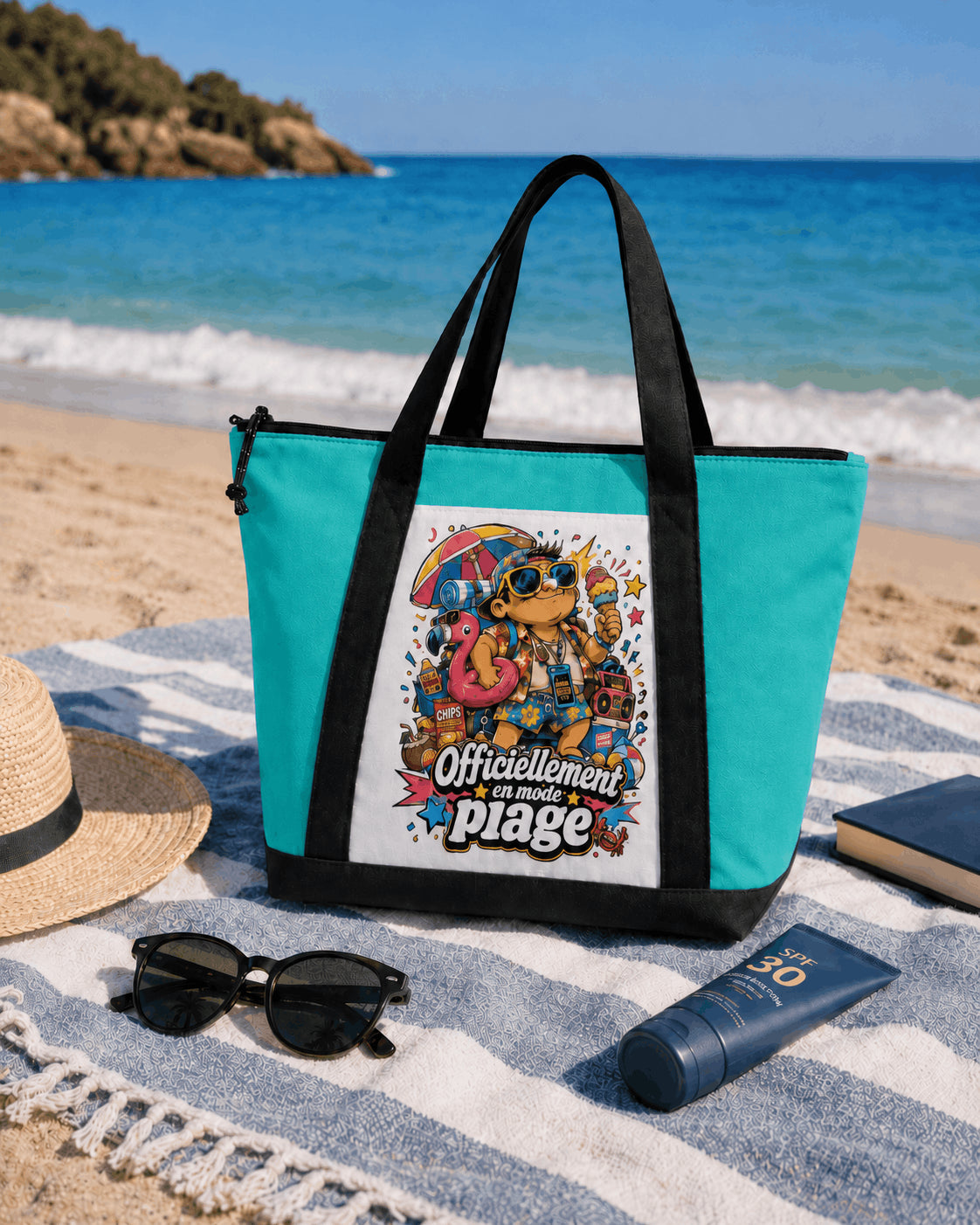 Sac de plage zippé vert aqua design cartoon posé sur serviette rayée plage de sable