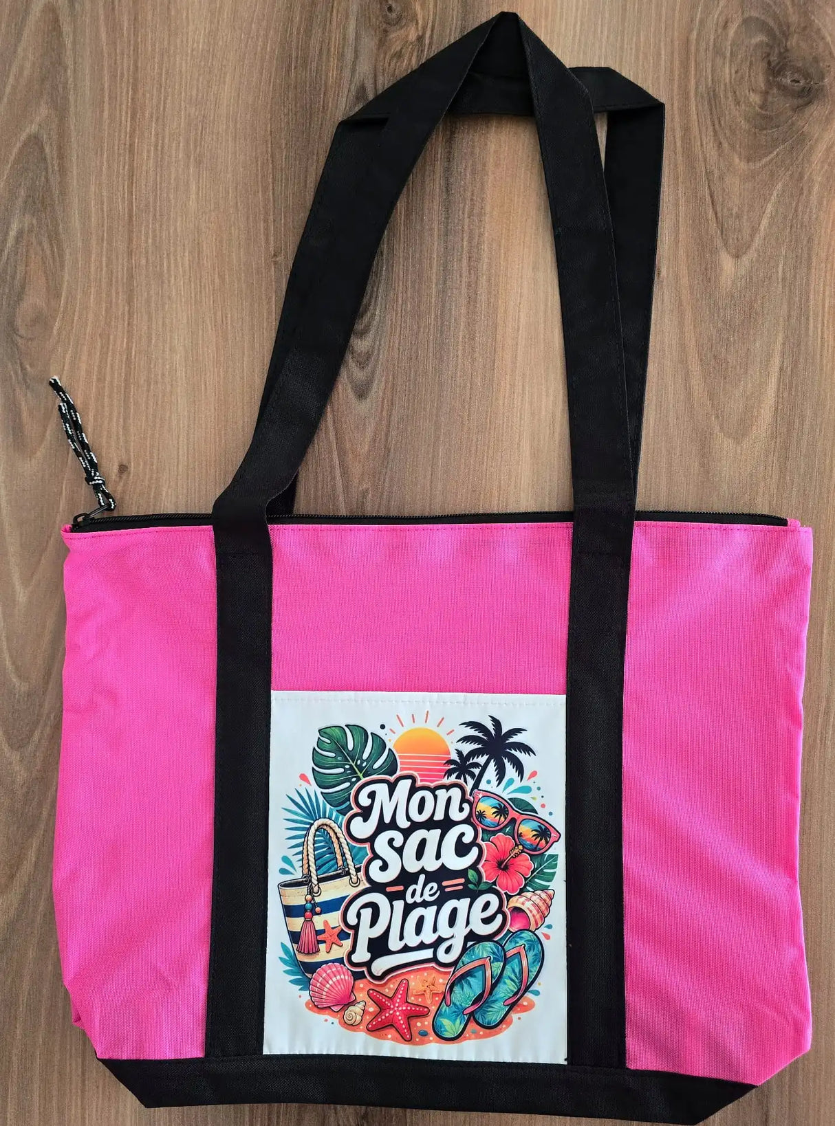 Tote bag Mon Sac de Plage rose – vue de face, design tropical imprimé sur patch