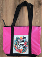 Tote bag Mon Sac de Plage rose – vue de face, design tropical imprimé sur patch