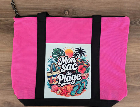 Détail patch imprimé tote bag Mon Sac de Plage – design tropical haute définition